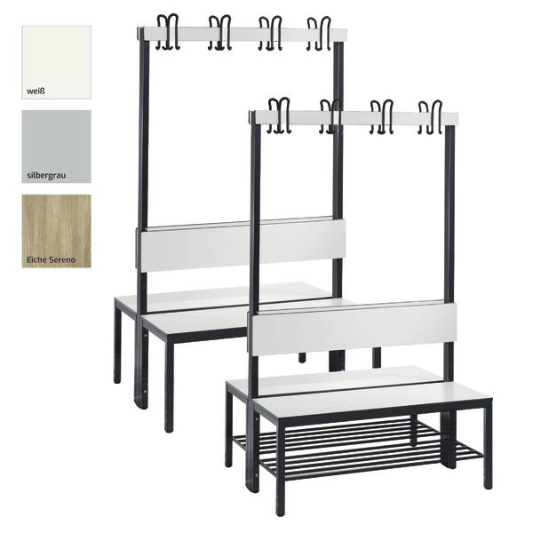 Sitzbank mit Garderobe und Schuhablage in Weiß, Silbergrau.