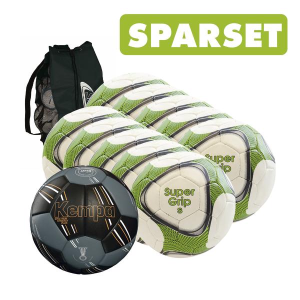 Sparset mit mehreren weißen und grünen Handbällen, schwarzem Kempa Handball und Ballnetz.