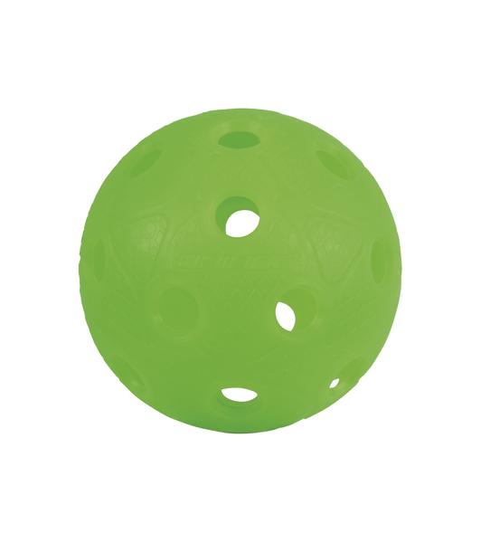 Grüner Plastikball mit Löchern, typischer Pickleball für den Sport.