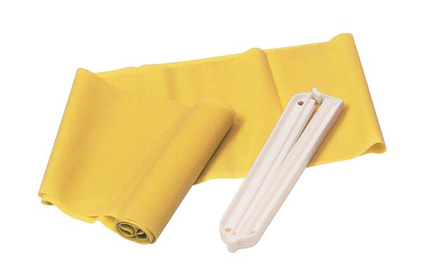 Gelbes Widerstandsband mit weißem Griff für Fitness- und Krafttraining.