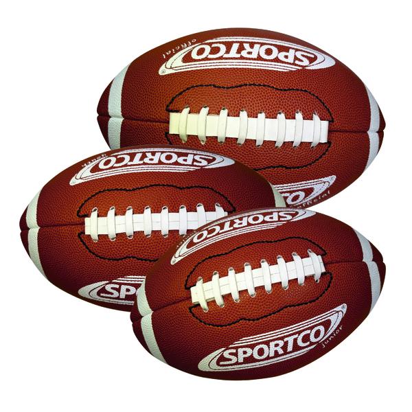 Drei braune SPORTCO Gummi-Footballs mit weißer Schnürung, genoppter Oberfläche und klassischem American-Football-Design