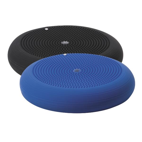 Zwei runde Balancekissen in Blau und Schwarz mit Noppen für Sitz- und Gleichgewichtsübungen.