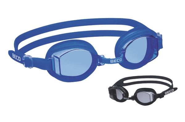 Blaue und schwarze Schwimmbrillen mit verstellbarem Doppelband und getönten Gläsern.