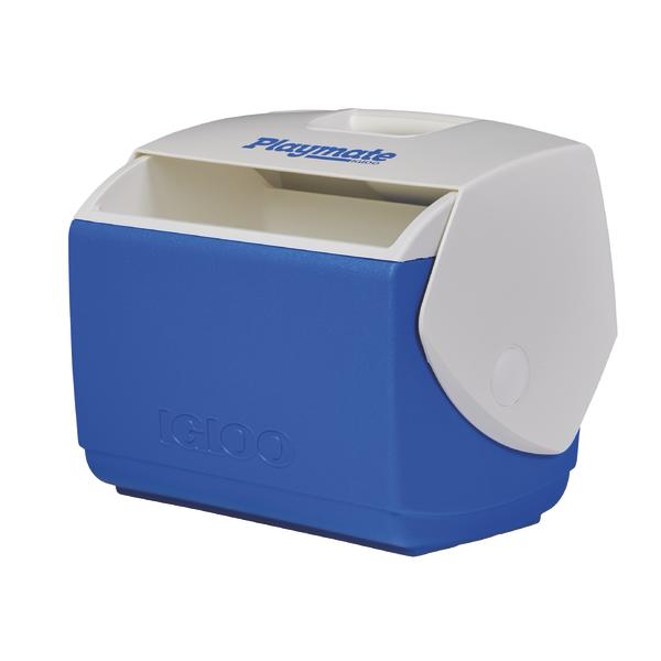 Kompakte blaue Igloo Playmate Kühlbox mit weißem Deckel für Getränke und Snacks.