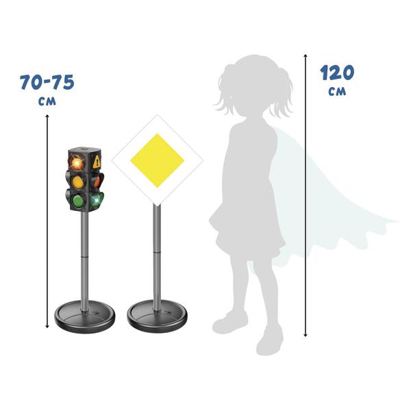 Spielzeug-Ampel und Verkehrszeichen auf Standfüßen mit Höhenangabe 70–75 cm neben Kindersilhouette zum Größenvergleich.