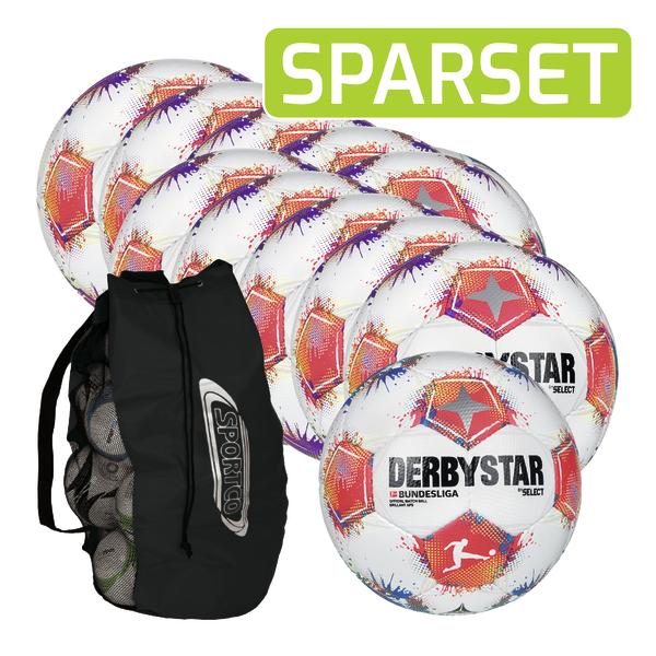 Sparset mit 10 weißen Derbystar Bundesliga Fußbällen und schwarzem Sporttaschen-Set.