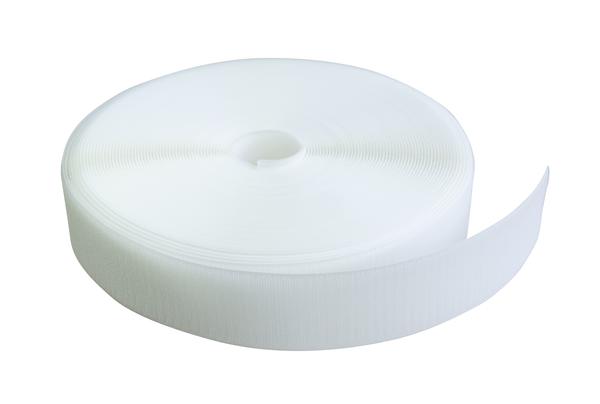 Weißes Klettband auf Rolle, selbstklebend, für Befestigung und Organisation.