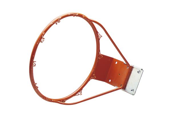 Basketballkorb aus Metall in Orange, ohne Netz, isoliert auf weißem Hintergrund.