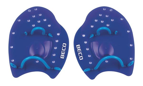 Paar blaue Schwimm-Handpaddles mit Griffen und Noppen für verbessertes Schwimmtraining.