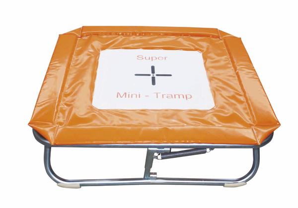Mini-Trampolin mit orangefarbenem Rand und weißer Sprungfläche, rechteckig, Fitnessgerät.