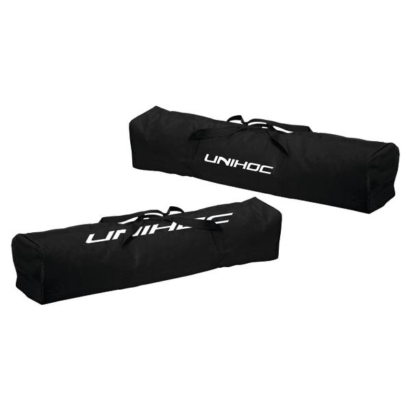 Schwarze Unihoc Sporttaschen mit Tragegriff, ideal für Floorball-Ausrüstung.
