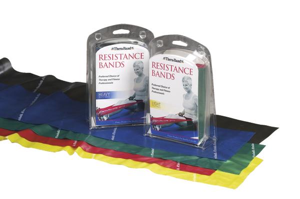 Verschiedene farbige Theraband Resistance Bands für Fitness und Therapie, verpackt in Plastik.