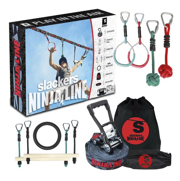 Slackers Ninja Line Slackline Set mit Ringen, Holzbrett, Ratsche und Tragetasche für Kinder.