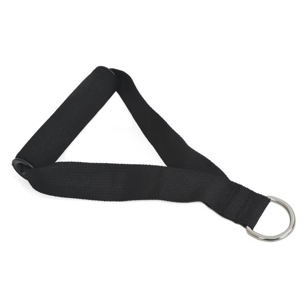 Schwarzer Fitnessgriff mit Schaumstoffpolster und Metallring für Trainingsbänder.