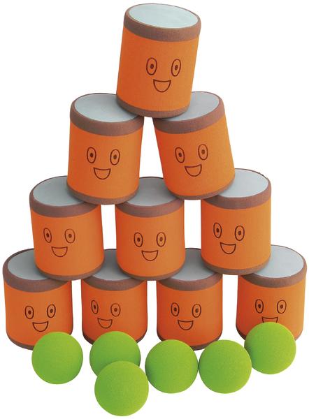Stapel aus orangefarbenen Dosen mit lachenden Gesichtern und grünen Bällen zum Abwerfen.