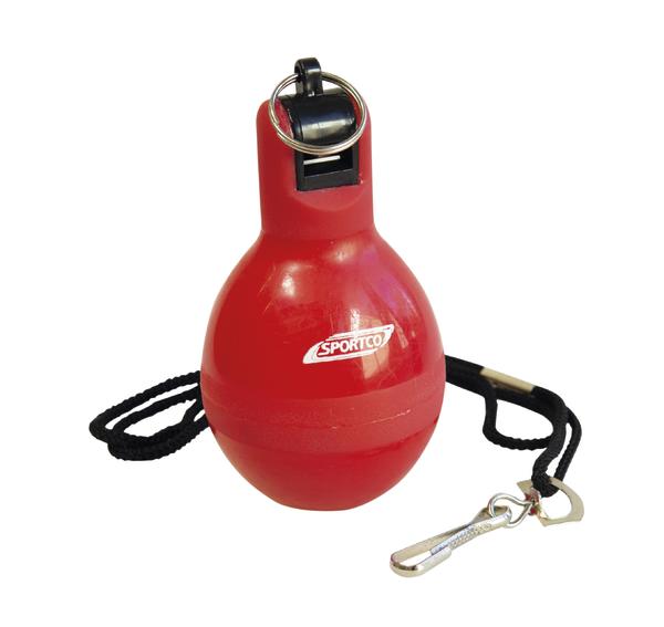 Rote Sportpfeife mit schwarzem Band und Metallclip für Outdoor- und Sportaktivitäten.