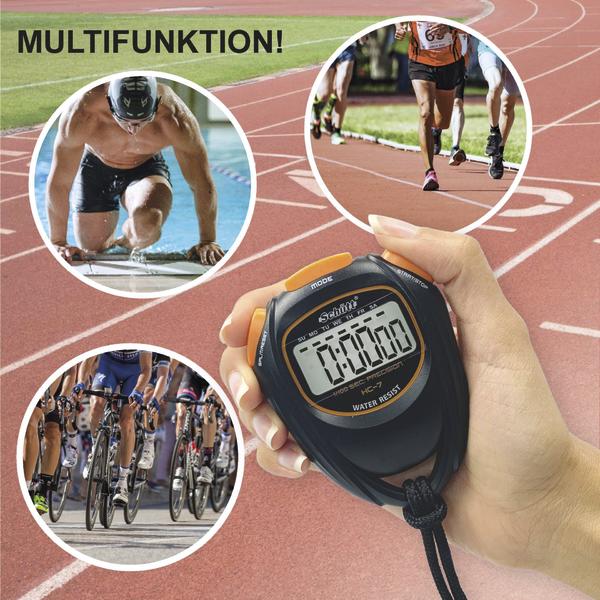 Schütt Stoppuhr HC-7 in einer Hand vor einer Laufbahn, mit Bildausschnitten von Schwimmen, Laufen und Radsport.
