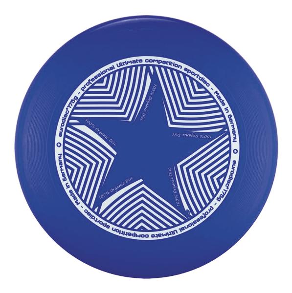 Blauer Ultimate Frisbee mit weißem Stern und geometrischem Muster, Profi-Sportgerät aus Deutschland.