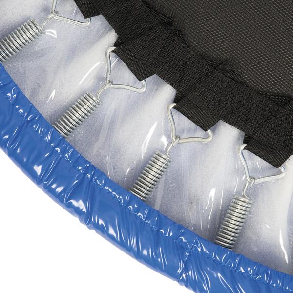 Detailaufnahme eines blauen Mini-Trampolins mit Federn und schwarzem Sprungtuch.