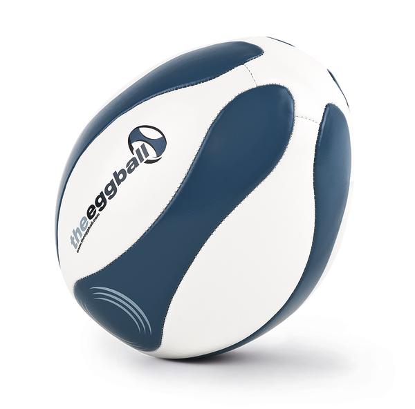 Weiß-blauer Eggball Sportball mit Logo auf weißem Hintergrund.