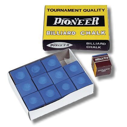 Pioneer Billiard Kreide in blauer Farbe, verpackt in einer gelben Box für Turnierqualität.