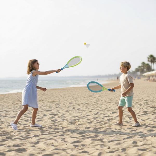 Zwei Kinder spielen am Strand mit Schlägern und Federball.
