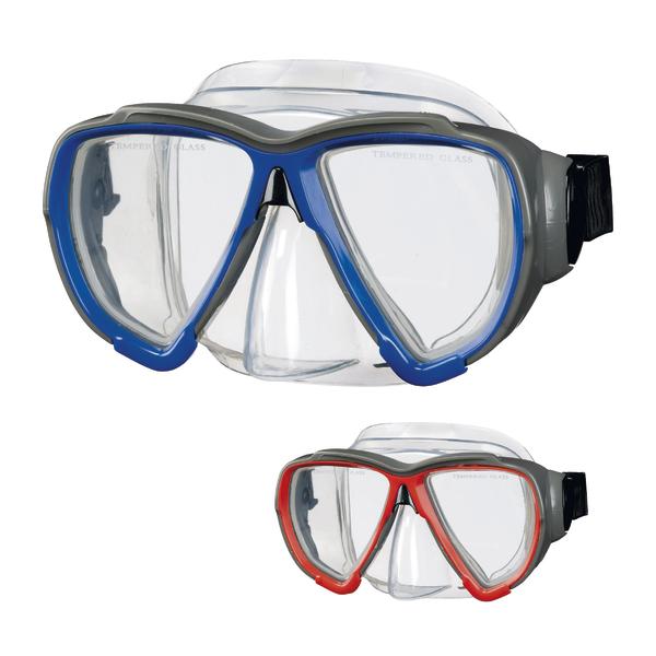Taucherbrillen mit klarem Glas und farbigen Rahmen in Blau und Rot, verstellbar.