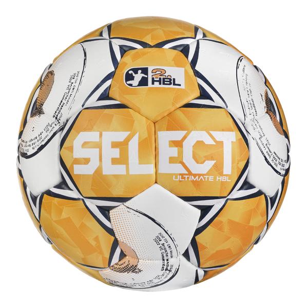 Vorderansicht eines Handballs mit orange-weißem Design. Auf der Vorderseite sind das 2. HBL-Logo sowie die Aufschrift „SELECT ULTIMATE HBL“ zu sehen.