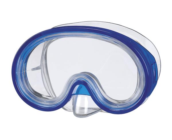 Taucherbrille mit klarem Sichtfenster und blauem Rahmen für Unterwasseraktivitäten.