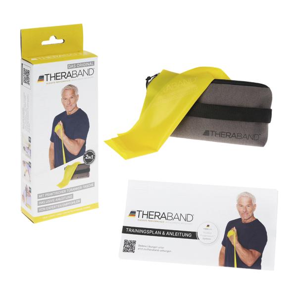 Theraband Trainingsset mit gelbem Widerstandsband, Tasche und Trainingsplan für Fitnessübungen.