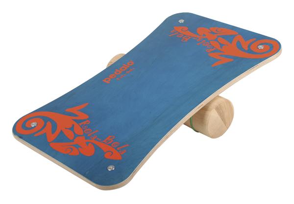 Balancierbrett aus Holz mit blauem Deck und orangefarbenem Chamäleon-Design für Gleichgewichtstraining.