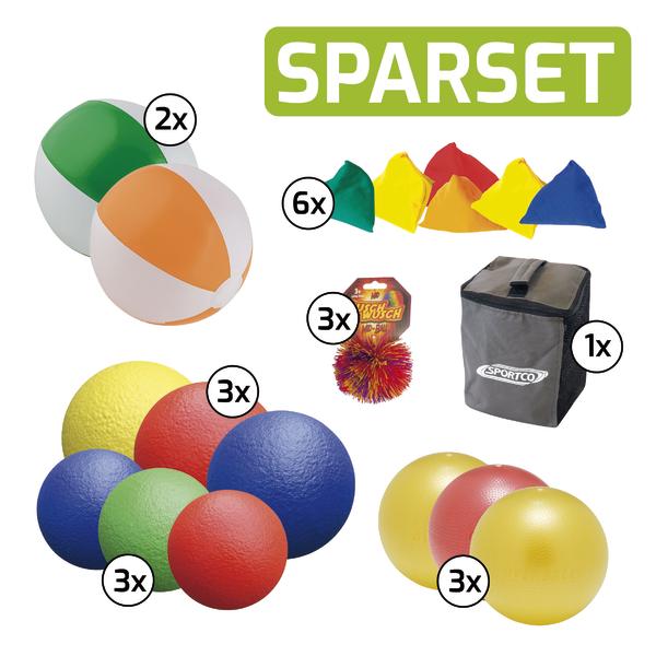 Buntes Sport-Set mit Bällen, Wurfbeuteln und Tragetasche für Outdoor-Spiele.