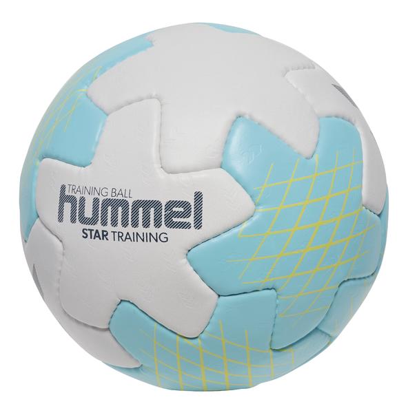 Weiß-blauer Hummel Handball mit gelbem Streifenmuster, ideal für Handballspiele und Training.