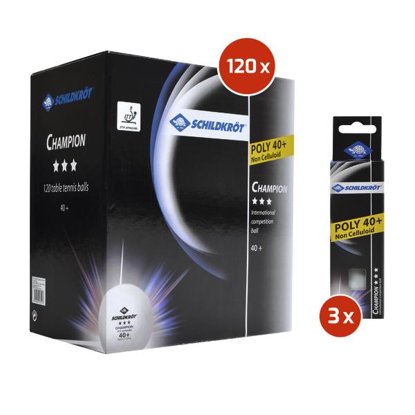 Schildkröt Champion Poly 40+ Tischtennisbälle, 120er Großpackung und 3er Einzelpackung, schwarz.