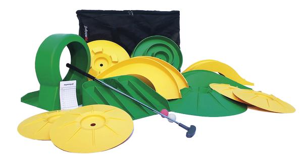 Mini-Golf Set mit Schläger, Bällen und bunten Hindernissen für Indoor und Outdoor.
