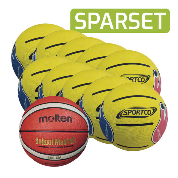 Zehn gelbe Sportco Basketbälle und ein roter Molten School Master Basketball im Sparset.