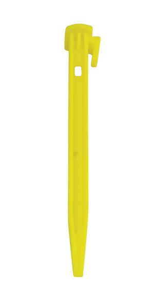 Gelber Kunststoff-Hering mit Haken, ideal zum Befestigen von Zelten und Planen im Boden.