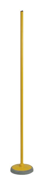 Gelber Absperrpfosten mit grauem Sockel auf weißem Hintergrund, freistehend.