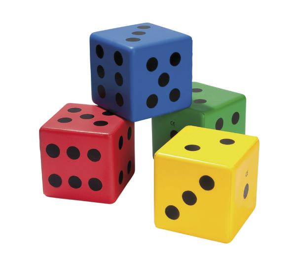 Vier bunte Würfel in Rot, Blau, Grün und Gelb mit schwarzen Punkten auf weißem Hintergrund.