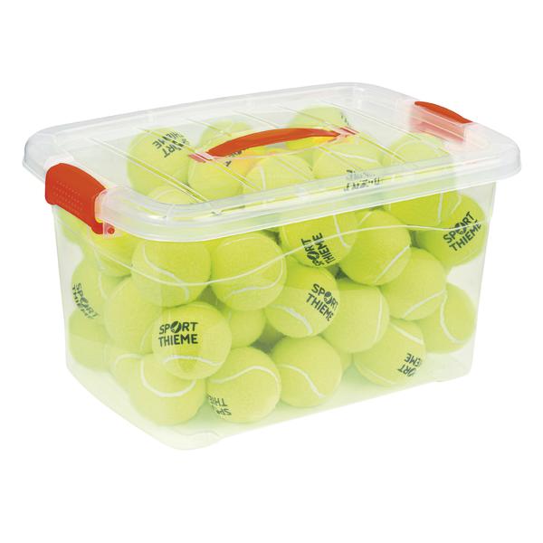 Transparente Aufbewahrungsbox mit zahlreichen gelben Tennisbällen und Deckel.