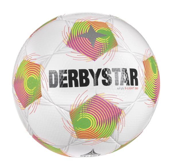 Weißer Derbystar-Fußball mit bunten grafischen Mustern in Grün, Pink und Gelb.