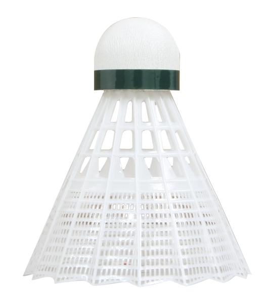 Weiße Kunststoff-Badminton-Feder mit grünem Ring, isoliert auf weißem Hintergrund.