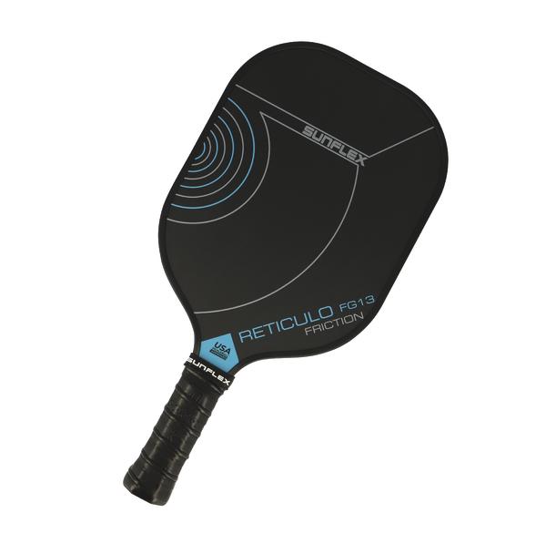 Schwarzer Sunflex Reticulo FG13 Friction Pickleball-Schläger mit blauem Design.