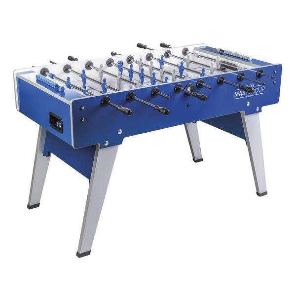 Blauer Tischkicker mit weißen Tischbeinen, Torzählern und Spielfiguren auf verchromten Stangen.