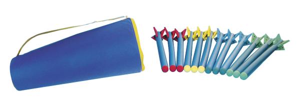 Bunte Kinderparty-Pfeifen mit blauem Tragebeutel, ideal für Feiern und Feste.