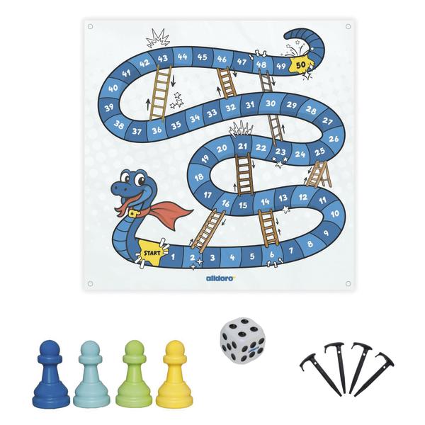 Leiterspiel-Set mit Spielmatte, vier Spielfiguren, Würfel und Befestigungsheringen.