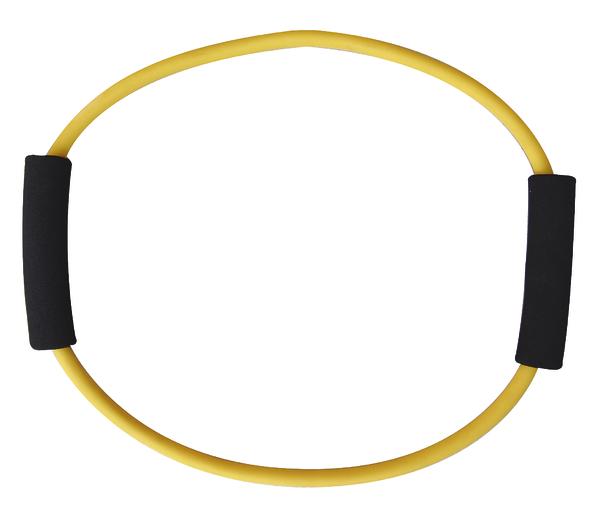 Gelber Fitness-Expander mit schwarzen Schaumstoffgriffen für Kraft- und Widerstandstraining.