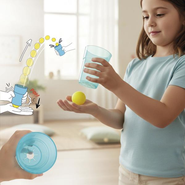 Kind hält einen Becher und fängt einen Ball, daneben grafische Darstellung des Spielablaufs.