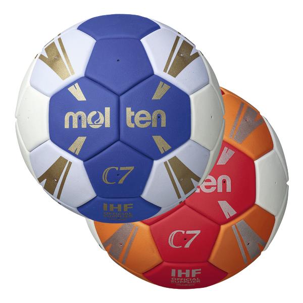 Blauer und roter Handball mit Molten-Logo, IHF-zertifiziert, für Wettkampf und Training.