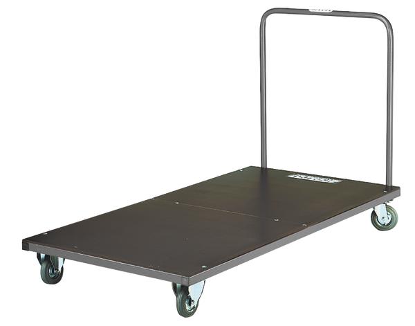 Plattformwagen mit Metallgriff und vier Rollen für den Transport schwerer Lasten.